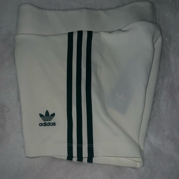 Adidas Women's Athletic Shorts in White with Dark Green Stripes - Picture 2 of 5
